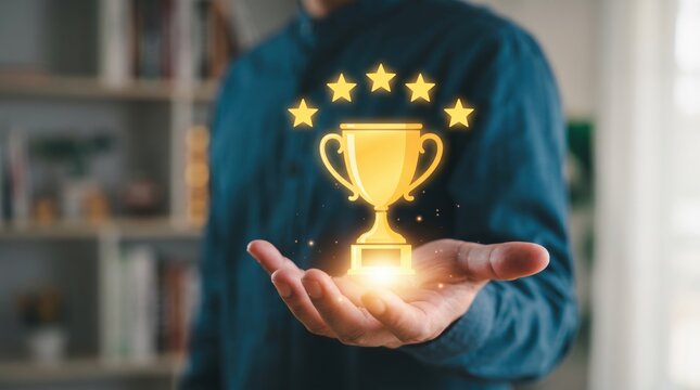 Golden trophy cup with five stars floating in hand, symbolizing achievement, success, award, excellence, winner and top quality service