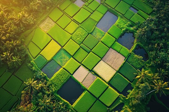 Aerial view of lush green rice fields arranged in a patchwork pattern with water ponds and palm trees, showing a rural farmland landscape.