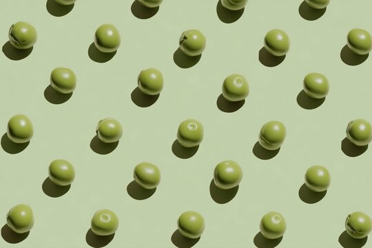 Green peas arranged in a neat pattern on a pale green background with soft shadows, creating a simple flat lay food design and abstract texture.