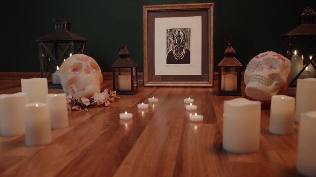 Mexican Day of the Dead Altar with Sugar Skulls Candles and Lanterns Cultural Ofrenda Celebration