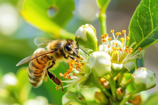 Close up of a honeybee collecting pollen from white spring flowers with green leaves in soft natural light