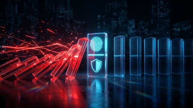 Glowing glass dominoes stop falling when hitting a resilient digital fingerprint shield with bright neon red and blue light effects