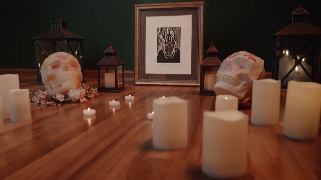 Mexican Day of the Dead Ofrenda Sugar Skulls Candles and Lanterns Cultural Celebration