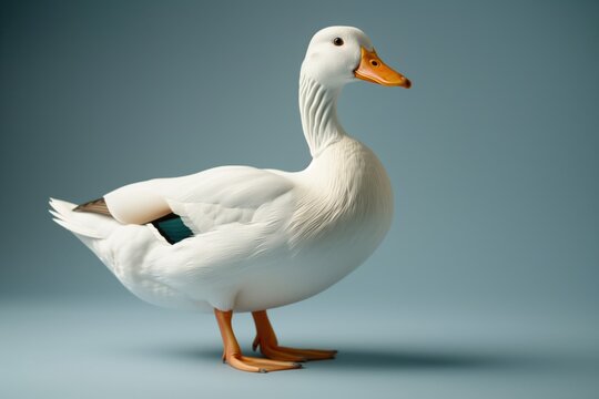 White duck standing in profile on a plain blue studio background with soft light and clean copy space