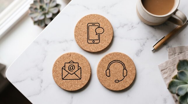 Creative contact support concept featuring cork coasters with phone, email and headset icons on marble desk representing customer service channels.