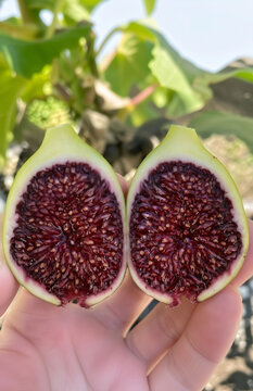 Close-up of a freshly cut ripe fig showing its vibrant deep red-purple flesh and intricate seed texture, held against a softly blurred fig tree background in natural sunlight.