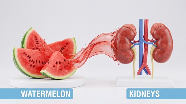Watermelon Splash Flowing to Human Kidneys | Healthy Hydration and Renal Detox Concept 3D Render
