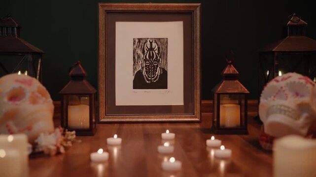 Dia de los Muertos Altar Sugar Skulls Candles Mexican Culture Remembrance Display