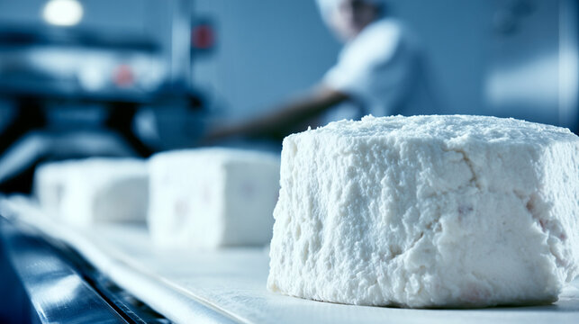 Fresh white cheese blocks on automated conveyor belt in food factory
