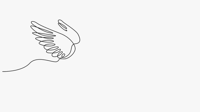 Continuous line art animation of a graceful flying bird landing gently on a human hand.