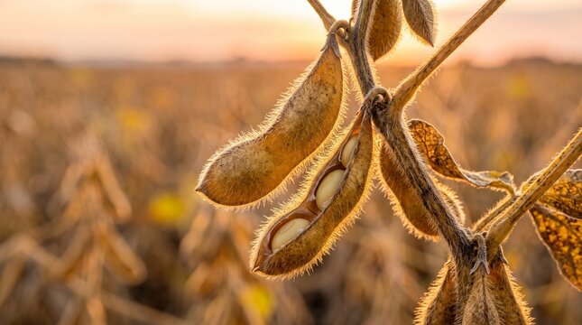 Close-up of ripe soybean pods on a stalk in a field at sunset.