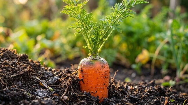 Fresh Carrot Growing in Rich Organic Soil Outdoors.