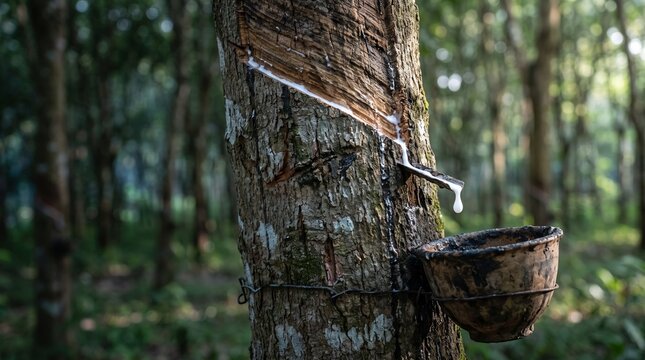 Rubber Tapping Process Showing Latex Dripping into a Collection Bowl on a Tree Trunk in a Plantation.
