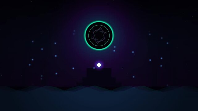 Abstract Futuristic Motion Graphic with a Glowing Neon Cyan Circular Star Symbol Floating Over Dark Purple Mystical Mountains and Starry Night Sky