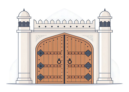 Indian fortress gate with large wooden doors reinforced by iron accents  modern minimal vector