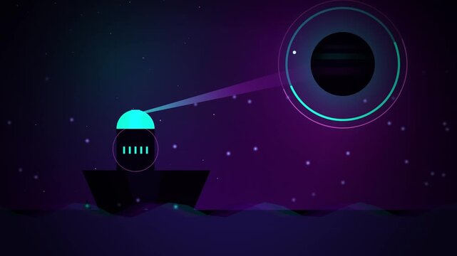Futuristic boat scanning distant planet in deep dark space vector illustration with glowing neon lights and cosmic sci-fi motion render design