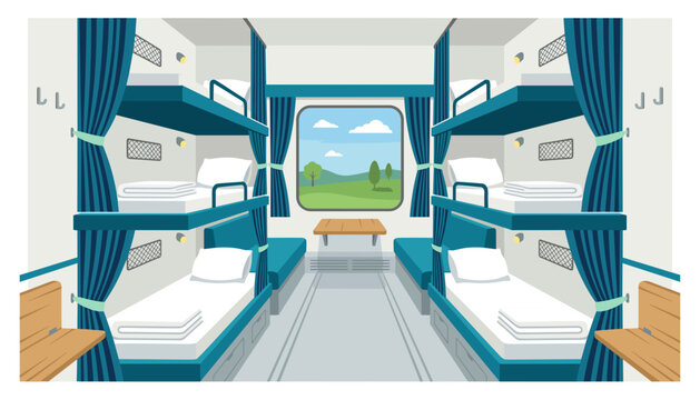 Train Sleeper Compartment Interior Vector Illustration with Bunk Beds Curtains and Window View for Travel Tourism Rail Transportation and Overnight Journey Concepts