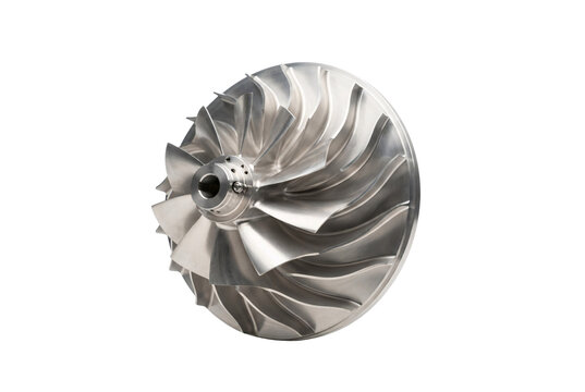 Precision machined aluminum turbocharger compressor wheel impeller with curved aerodynamic blades for high performance engine boosting