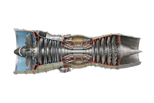 Detailed cross section view of jet turbine engine displaying interior rotor blades combustion chamber and nozzle assembly
