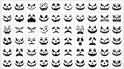 Fototapeta premium Collection of various scary and funny jack o lantern pumpkin carving faces for halloween decoration design elements