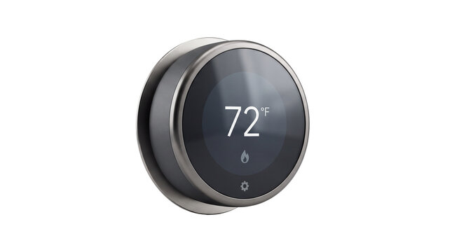 Modern smart thermostat with digital display, sleek round temperature controller, intelligent home climate automation device on white background