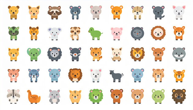 Cute wild and domestic animals face icon set vector illustration cute animal avatars pixel art style flat design elements