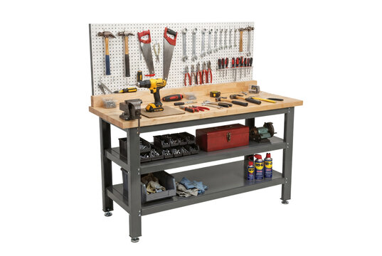 Heavy duty steel frame garage workbench with solid wood top organized pegboard hand tools cordless drill table vise lower storage shelves.