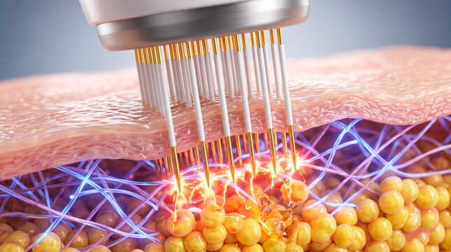 Render shows fractional RF micro needles delivering heat inside skin layer