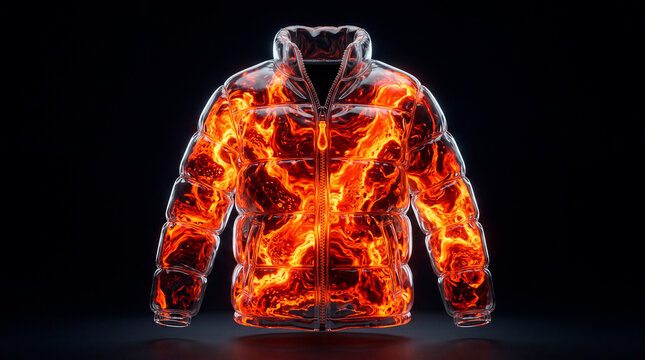 Model of hollow puffer jacket made from glowing molten lava displayed in dark background