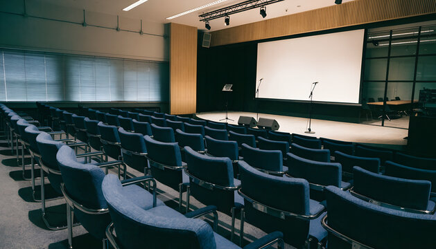 Empty modern lecture hall with rows of comfortable seats and a large projection screen.