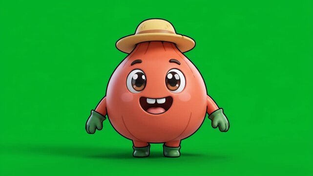 Cute cartoon onion character wearing a straw hat and gloves on a green screen background, smiling happily.