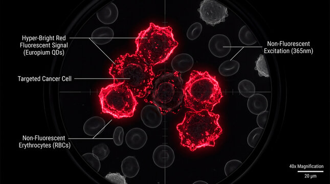 Biosensors track single cancer cells using europium in a biomedical illustration