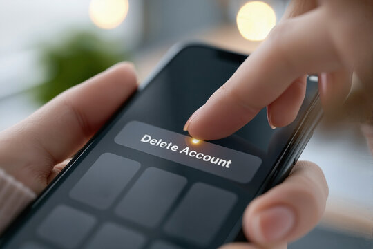 Finger pressing delete account button on smartphone screen showing digital privacy data removal and mobile app user interface control