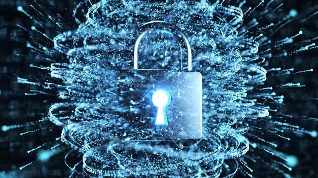 Glowing digital padlock with binary data surrounding it.