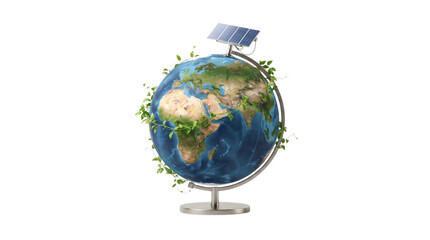 Sustainable green earth globe with solar panel, eco friendly planet with growing vines, renewable energy concept on white background © muktiar