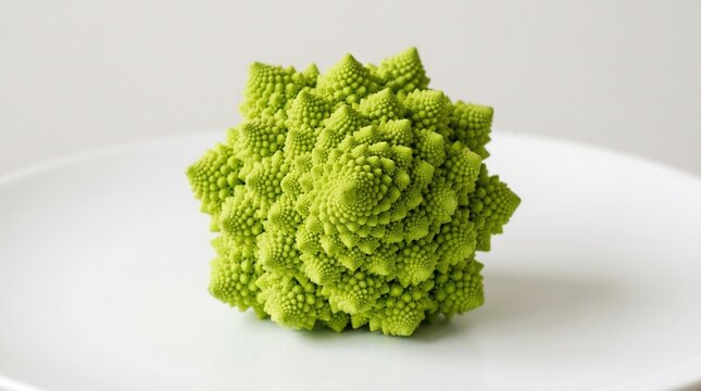 vibrant romanesco broccoli head with fractal patterns on white plate