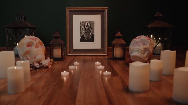 Day of the Dead Celebration with Sugar Skulls Candles and Traditional Ofrenda Elements