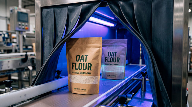 Macro view shows inline X ray scanner inspecting oat flour pouches in a food processing facility