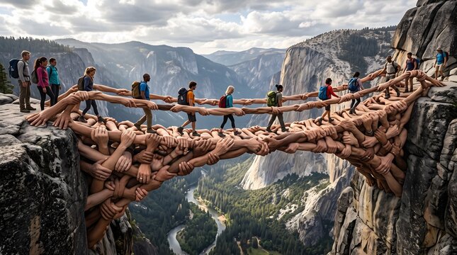 Hikers cross deep canyon valley on surreal bridge made entirely of interlocking human arms representing teamwork and collective support during arduous mountain trek under vast cloudy sky at daytime.