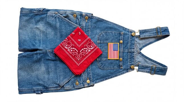 Denim Overalls With American Flag Patch And Red Bandana Isolated.