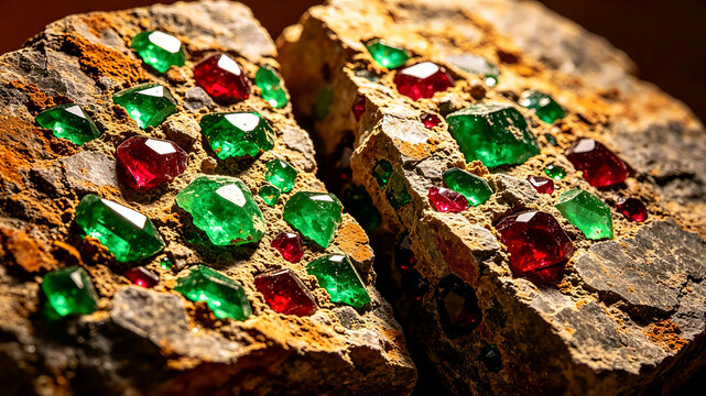 Emerald and Ruby Gemstones Embedded in Split Rock