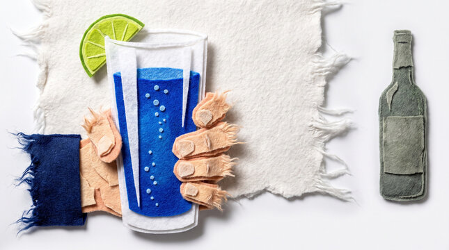 Hand holding blue beverage with lime slice and glass bottle nearby  