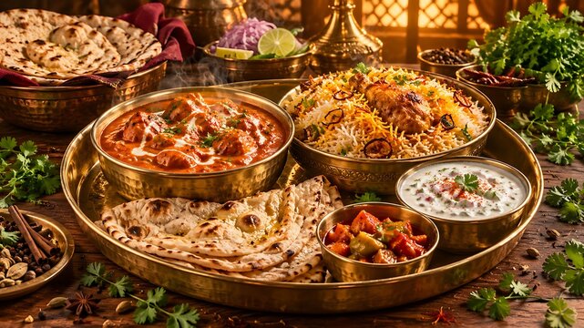 Royal Indian non veg thali with meat curry chicken biryani butter naan raita and spices generative AI
