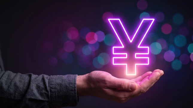 Glowing neon yen currency symbol held in hand, japanese money sign, financial investment, asian economy, cryptocurrency or digital cash representation, futuristic finance