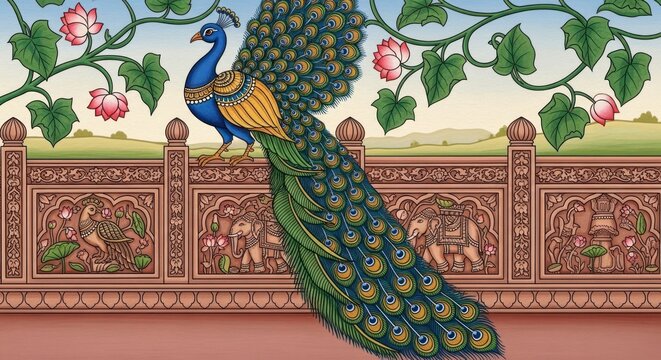 Exquisite Indian Peacock Displaying Vibrant Plumage in a Regal Courtyard Setting.