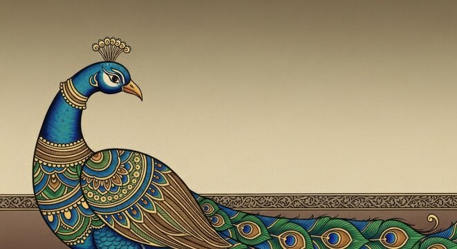 Exquisite Indian Peacock Illustration with Intricate Traditional Patterns.