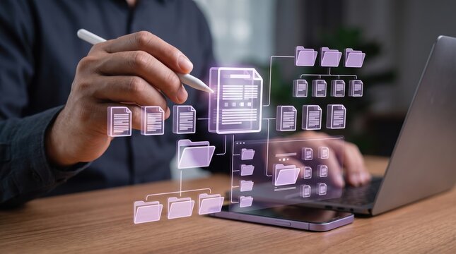 Person organizing digital files and folders in hierarchical tree structure, cloud storage data management, file system architecture and information organization for efficient