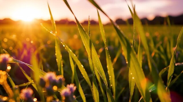 Close up of green grass in sunny field at golden hour