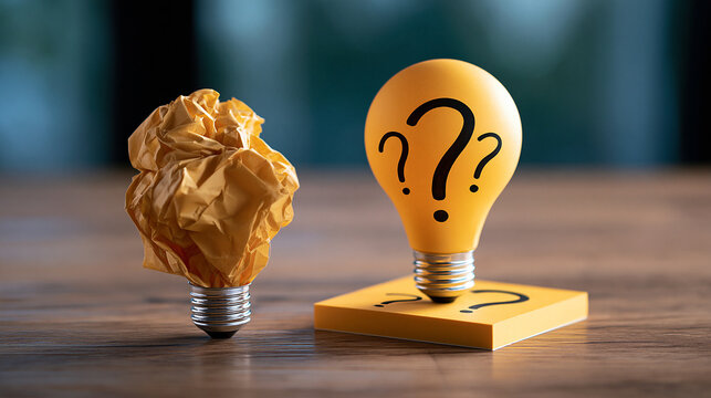 Creative idea generation concept with crumpled yellow paper bulb and hand-drawn question marks, defocused background, with copy space