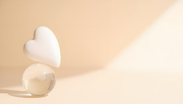 Ultra-realistic conceptual Healthcare photography featuring a single polished white heart balanced on a crystal sphere for wellness and care